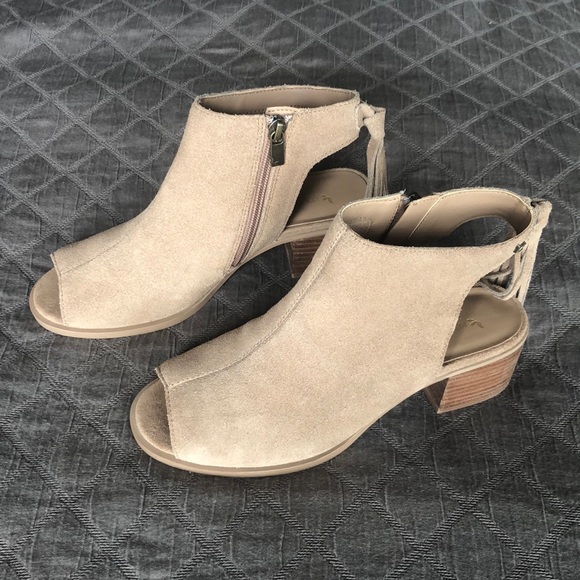 peep toe open back booties